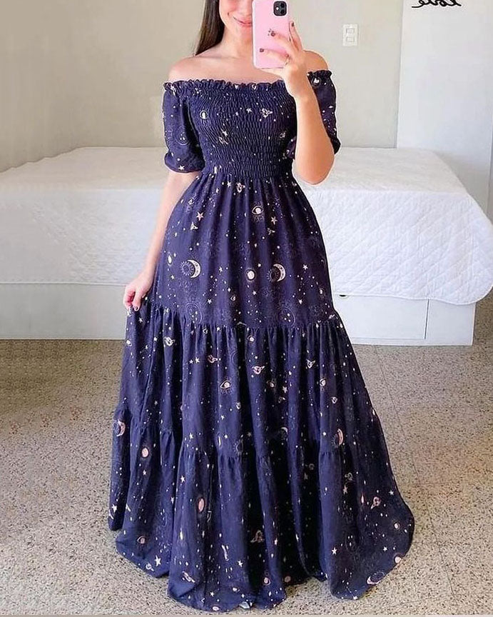 Lindo vestido maxi floral de verão com ombros largos