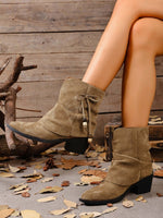 Side bow tie embellishment suede ankle boots