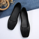 Diamond-studded black matte round-toe flat shoes