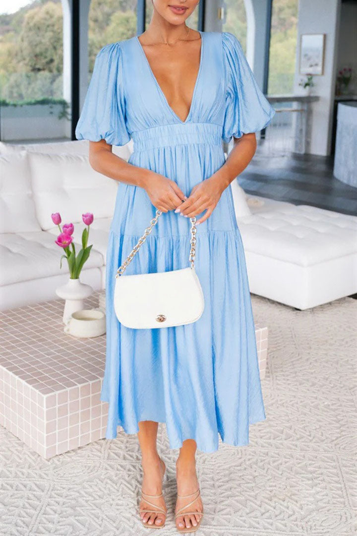 Vestido midi com manga lanterna e decote em V com cintura marcada