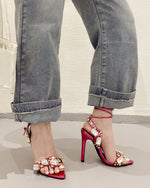Luxurious rhinestone-encrusted wraparound strappy stiletto sandals