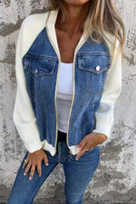 Zippered denim paneled sweatshirt jacket