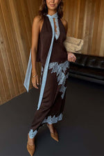 Satin paneled sleeveless top and skirt two-piece set