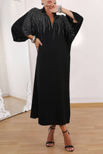Rhinestone three-quarter sleeves loose-fitting stand-up collar slit dress