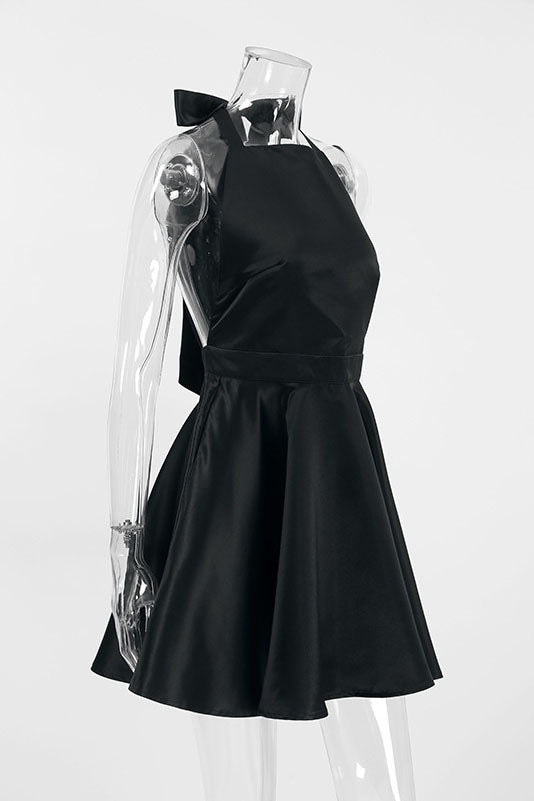 Black Satin High-Waisted Sleeveless Halter Neck Dress