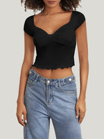 V-neck slim fit ruffled short-sleeved T-shirt