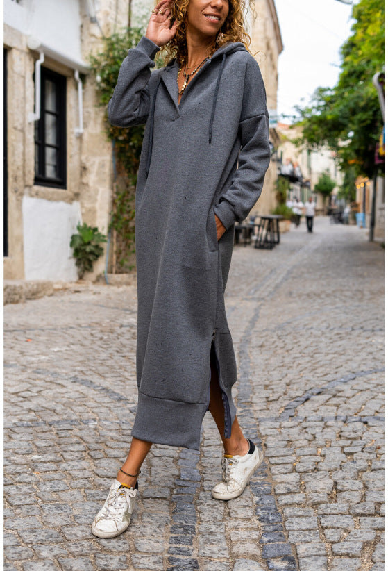 Large Pocket Zipper Hem Knitted Hooded Fleece Long Sweater Dress