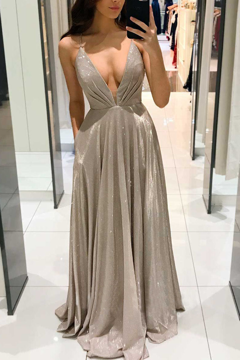Deep V-neck Pockets Spaghetti Strap Backless Dress