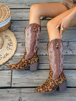 Leopard toe embroidered upper chunky heel boots