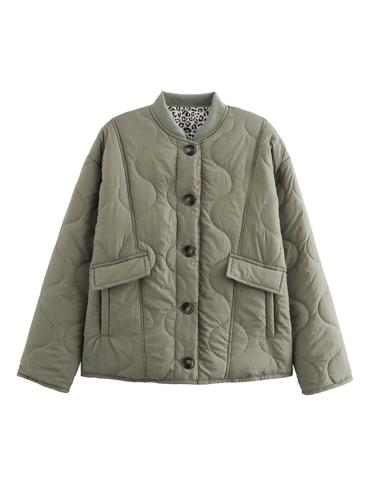 Leopard lining quilted buttons padded jacket
