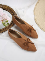 Canvas suede bow pointed toe flat slip-ons