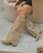 Pointed toe block heel wide circumference metal buckle mid-calf wide-leg slouch boots