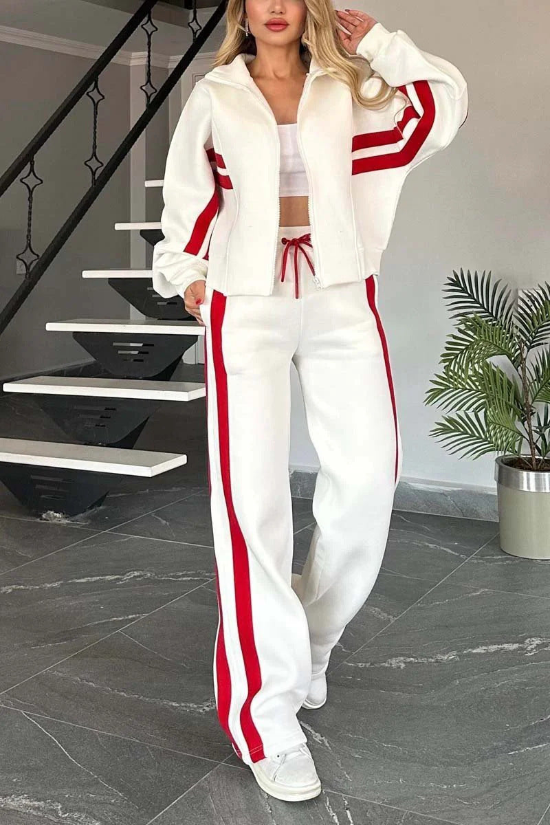 Y2K striped zip-up cropped sweatshirt jacket and sports pants two-piece set