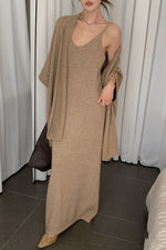 Knitted shawl coat and suspender dress two-piece suit