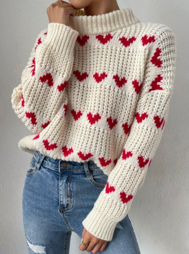 Halbhoher, locker sitzender Jacquard-Strickpullover mit Herzmotiv