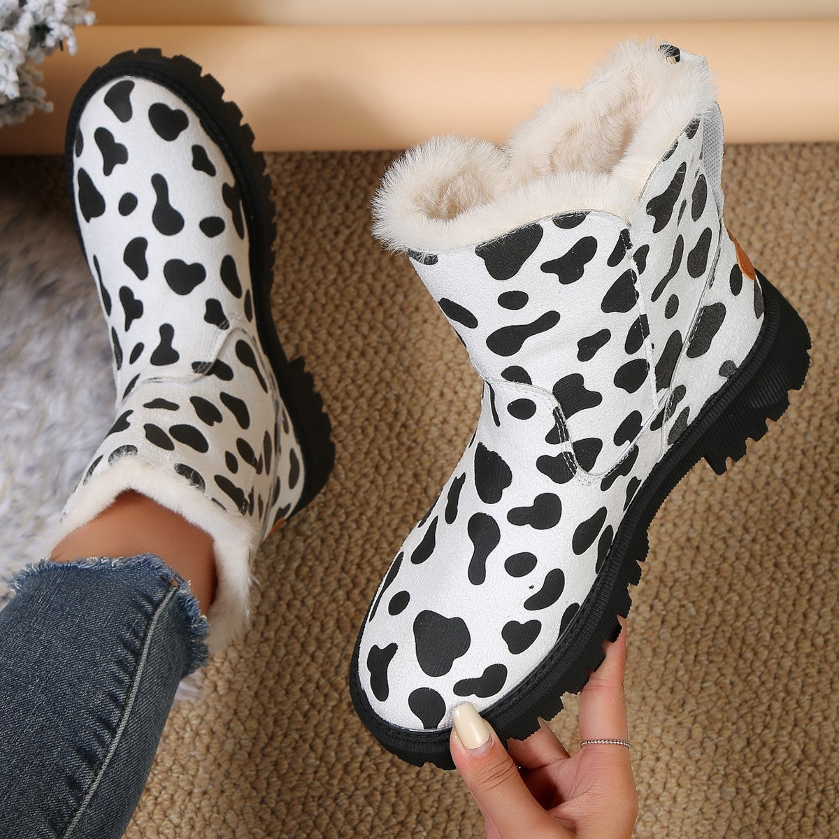 Sapatos de algodão com cano médio em veludo leopardo