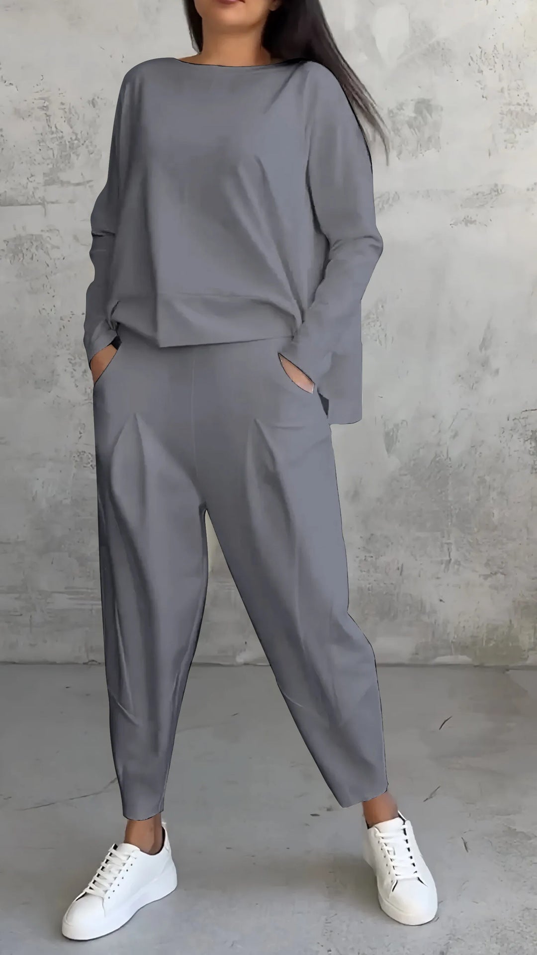 Solid color loose hem sweatshirt cropped pants two-piece set