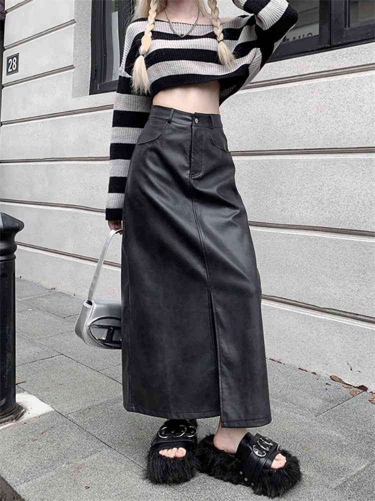 Jupe longue demi-rétro fendue taille haute en PU