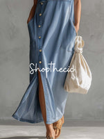 Minimalism Hooded Denim Sleeveless Maxi Dress