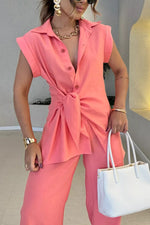 Tie-waist short-sleeved shirt and high-waisted pants two-piece set