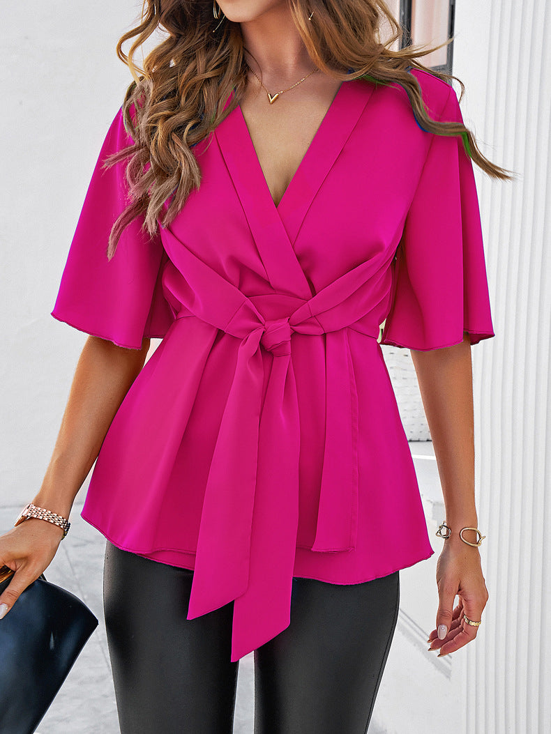 Solid Color Elegant Short-Sleeve Waist-Tied Top