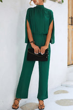 Stand collar three-quarter split sleeve jumpsuit