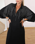 Rhinestone three-quarter sleeves loose-fitting stand-up collar slit dress