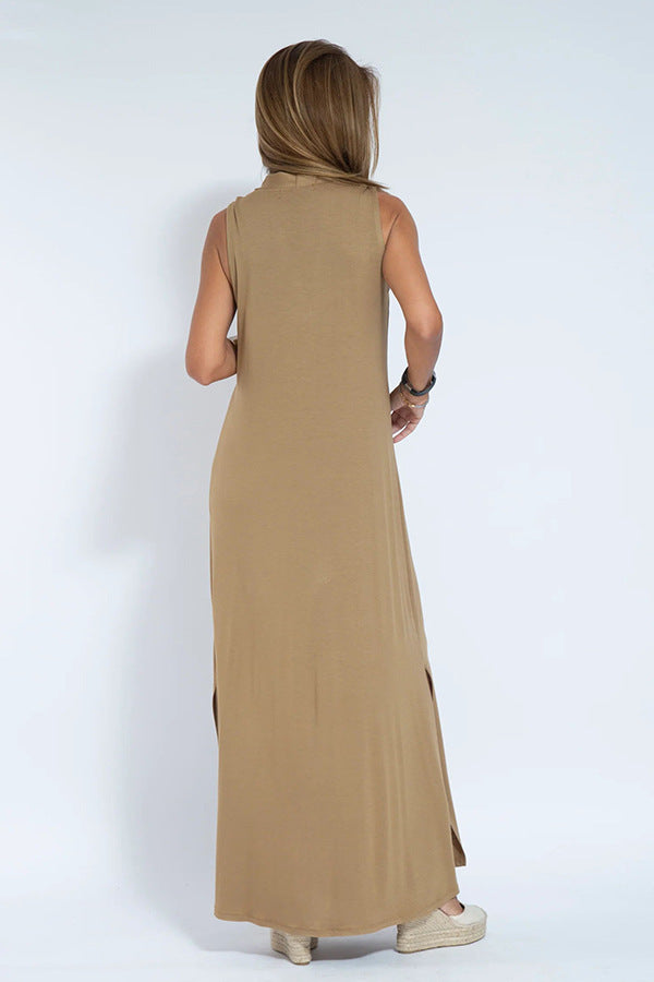 Elegant V-neck Sleeveless Long Dress Matching Vest Cardigan