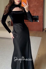 Draped in Moonlight Black long-sleeved fitted evening gown