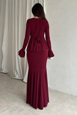 Solid color long-sleeved V-neck lace strappy hip Maxi dress