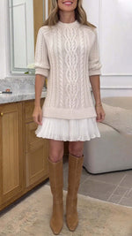 Long-sleeved crew neck cable knit chiffon hem dress