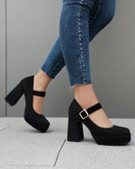 Suede Waterproof Platform Chunky Heel Square-toe Pumps
