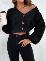 V-neck drop shoulder sleeve button-down cropped knitted cardigan