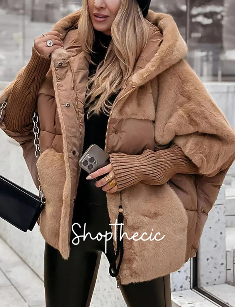 Elasticated sleeves plush trim hooded cotton jacket