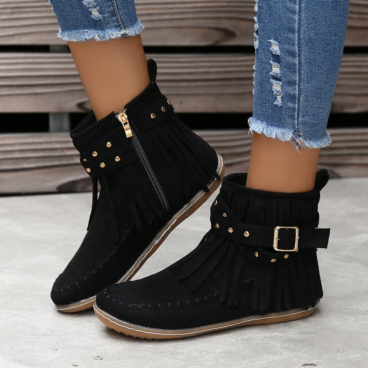 Studded flat tassel boots