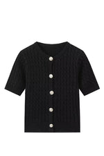 Slim-fit round neck knit short-sleeved cardigan