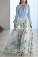 Long-sleeved V-neck chiffon print maxi dress