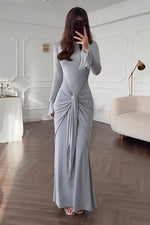 Long-sleeved round neck pleated hip slim Maxi dress
