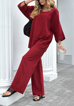 Solid color round neck linen cotton top with lace-up loose pants two piece set