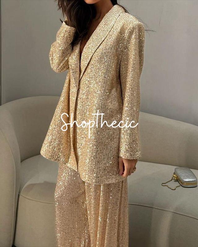 Sequined V-neck loose-fitting suit jacket and wide-leg pants set