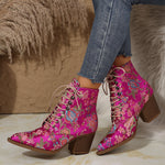 Retro ethnic style pointed toe thick heel lace-up embroidered Martin boots