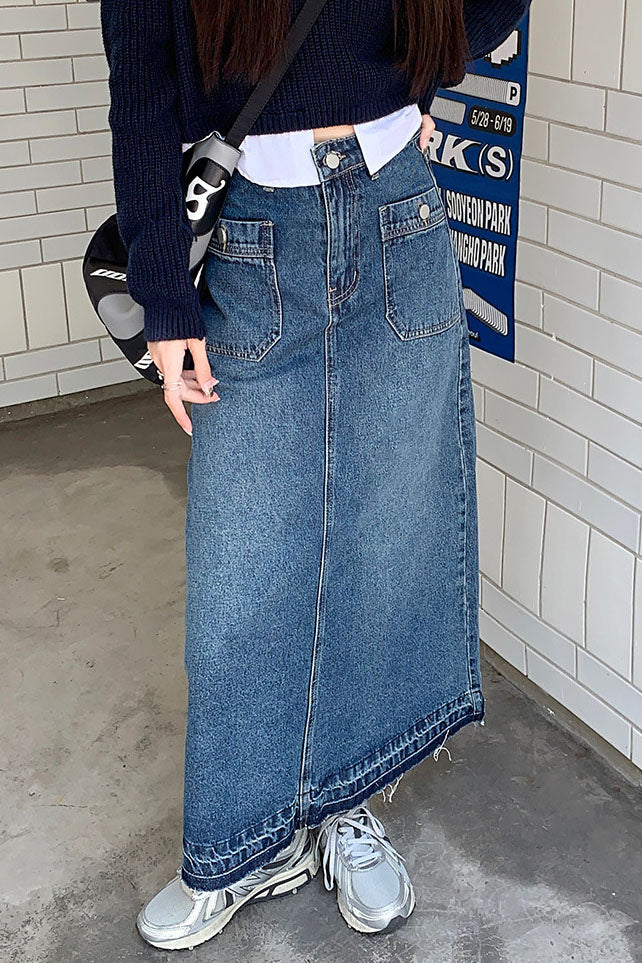 Jupe trapèze taille haute multipoches en denim lavé