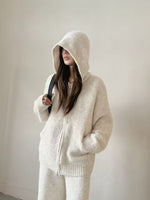 Loose Thickened Knit Hooded Zipper Cardigan Wide-Leg Pants Two-Piece Set