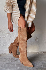 Suede pointed toe chunky heel knee high boots