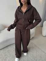 Zippered hooded sweatshirt and lace-up trousers two-piece set