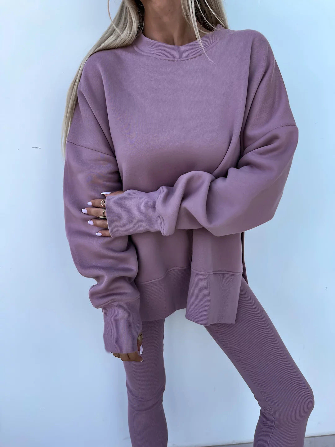 Loose long-sleeved round neck slit top and tight pants two-piece set