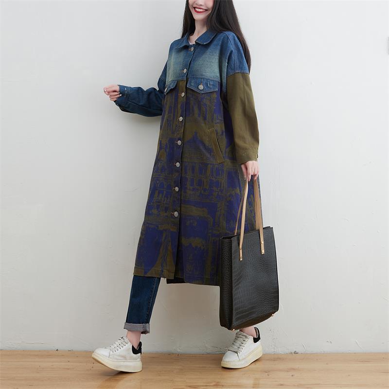 Knee-length patchwork denim trench coat