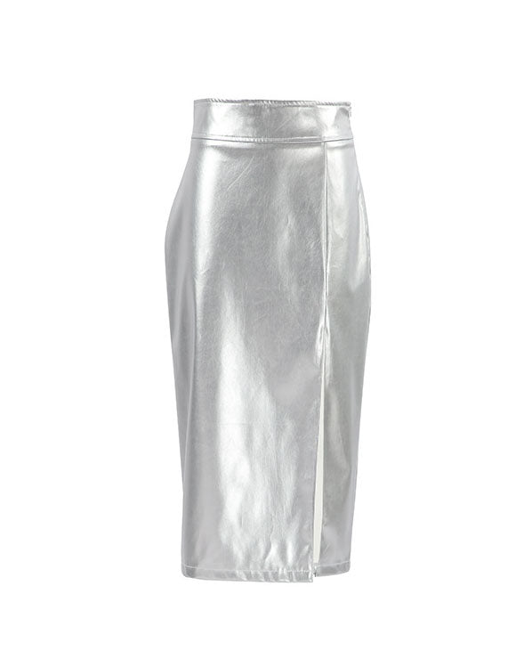 Jupe fendue taille haute en similicuir argentée