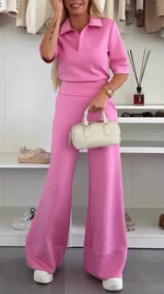 Solid color short-sleeved lapel top and high-waisted wide-leg pants two-piece suit
