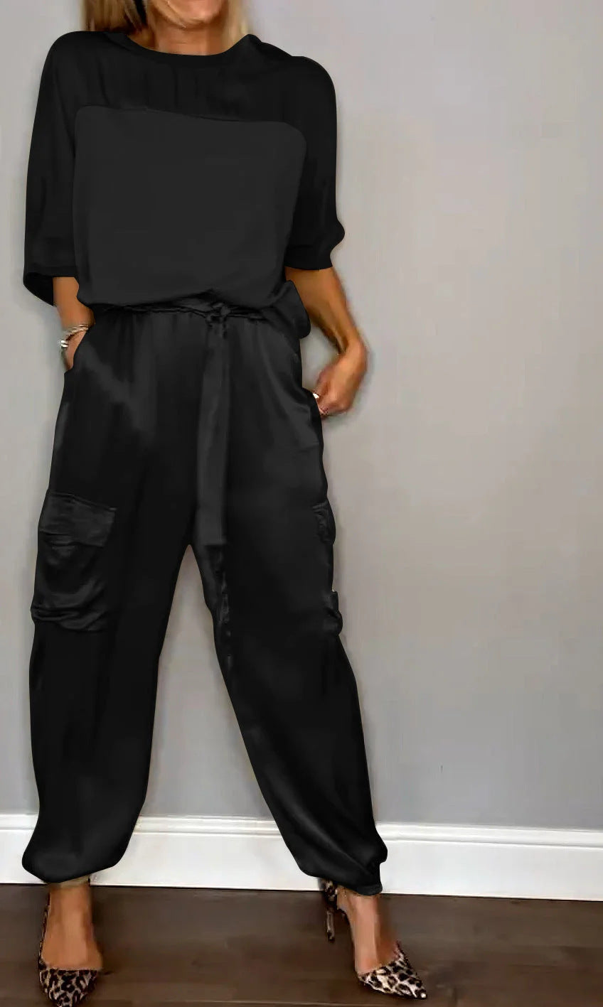 Smooth Satin Half-sleeved Top and Pant Suit Two-piece